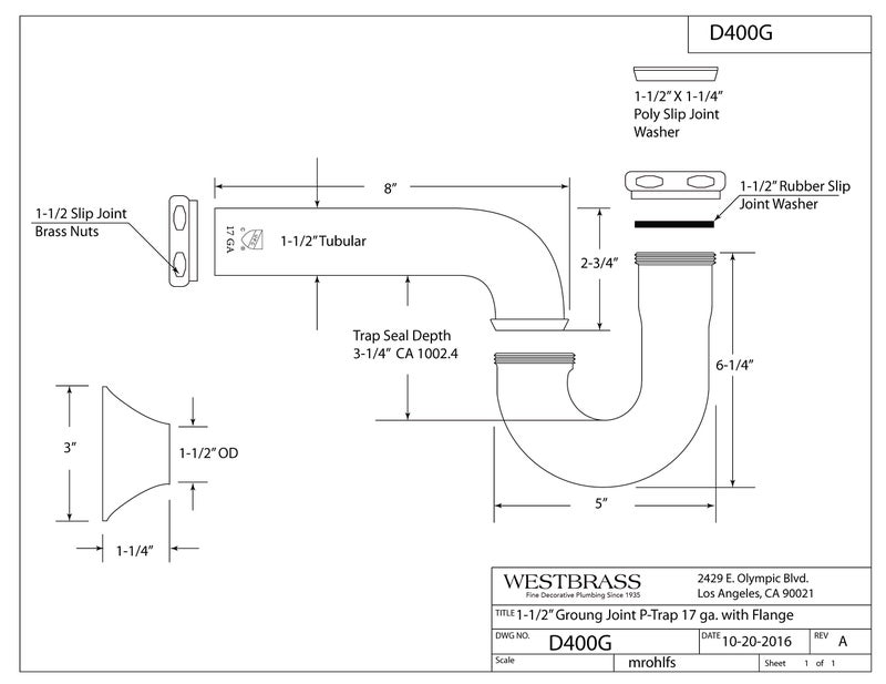 Westbrass D400G-RAW 1-1/2" 17 ga. Tubular Ground Joint P-Trap with Bell Flange, Unfinished - Image 2